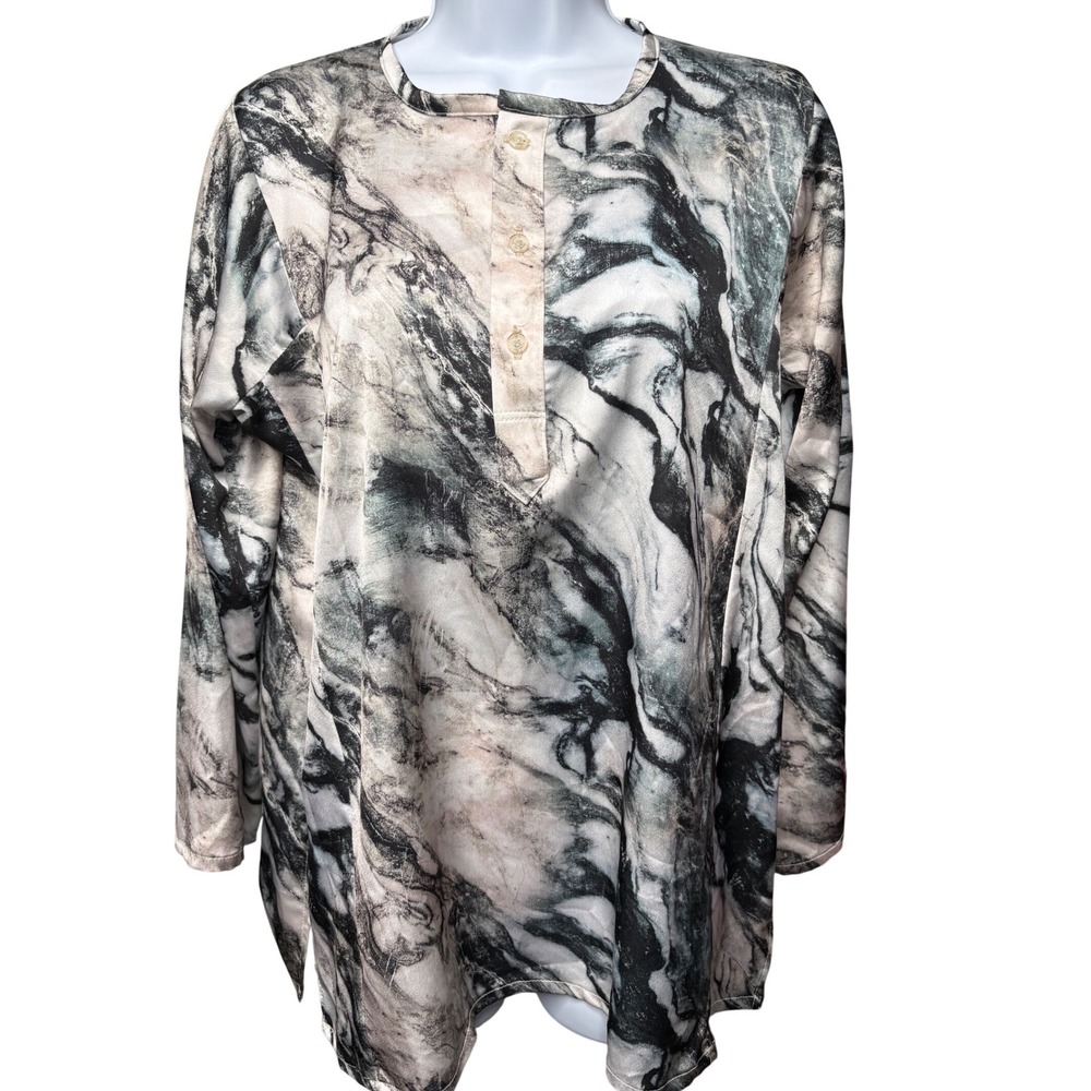 CARYNA NINA Womens Black Marble Print Henley Tunic Top Sz L Designer Artsy Chic